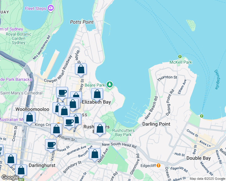 map of restaurants, bars, coffee shops, grocery stores, and more near 106 Elizabeth Bay Road in Elizabeth Bay