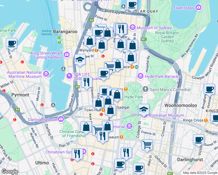 map of restaurants, bars, coffee shops, grocery stores, and more near 188 Pitt Street in Sydney