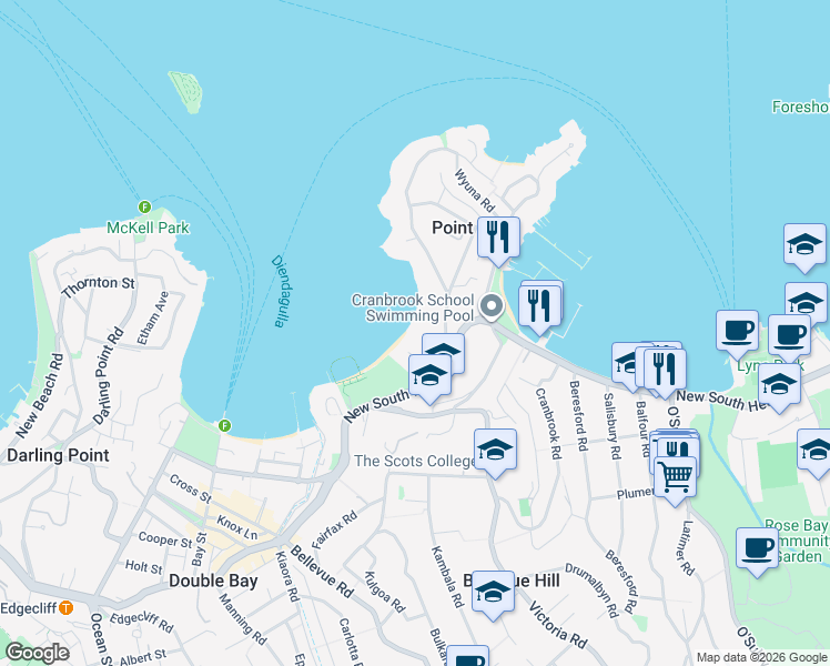 map of restaurants, bars, coffee shops, grocery stores, and more near 4 Buckhurst Avenue in Point Piper