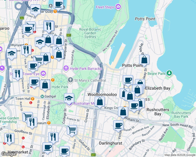 map of restaurants, bars, coffee shops, grocery stores, and more near 2-4 Sir John Young Crescent in Woolloomooloo