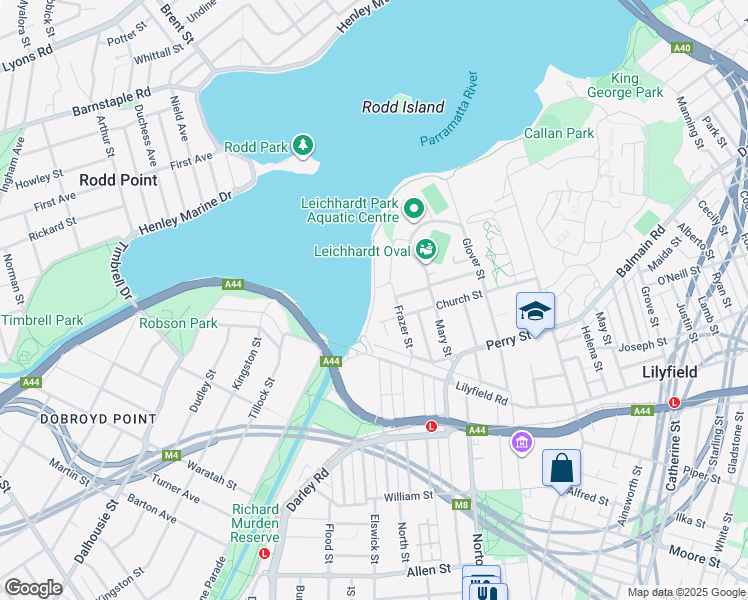 map of restaurants, bars, coffee shops, grocery stores, and more near Maliyawul Street in Lilyfield