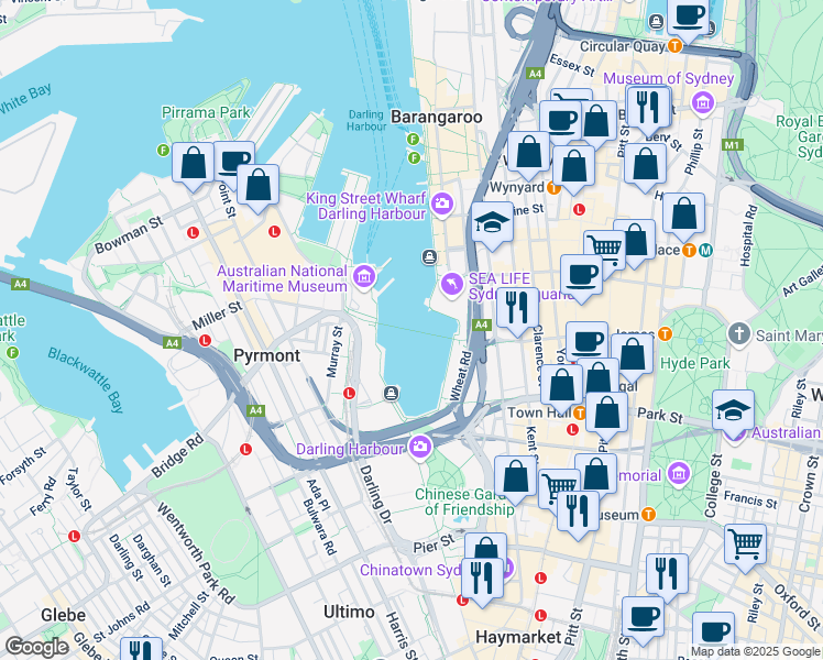 map of restaurants, bars, coffee shops, grocery stores, and more near Pyrmont Bridge in Sydney
