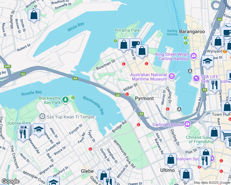 map of restaurants, bars, coffee shops, grocery stores, and more near Bank Street in Pyrmont