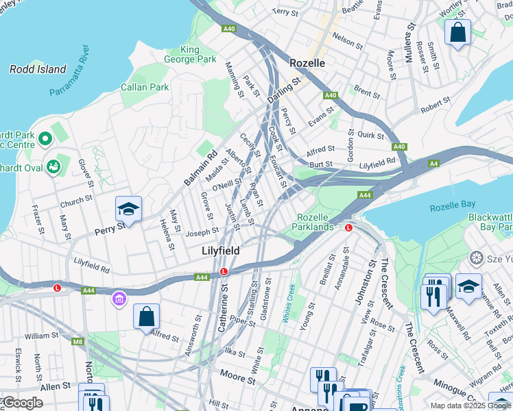 map of restaurants, bars, coffee shops, grocery stores, and more near 43 Ryan Street in Lilyfield