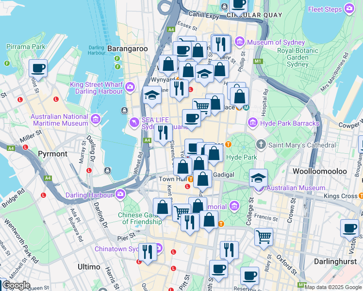 map of restaurants, bars, coffee shops, grocery stores, and more near 44 Market Street in Sydney