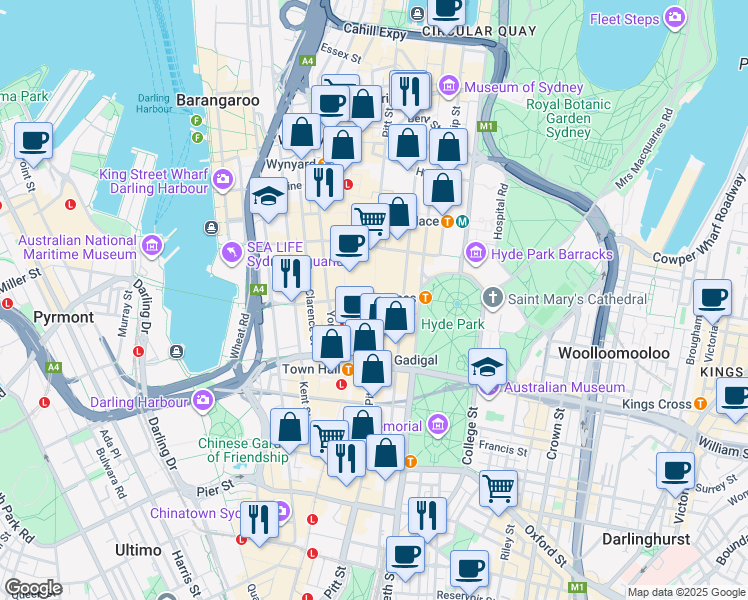 map of restaurants, bars, coffee shops, grocery stores, and more near in Sydney