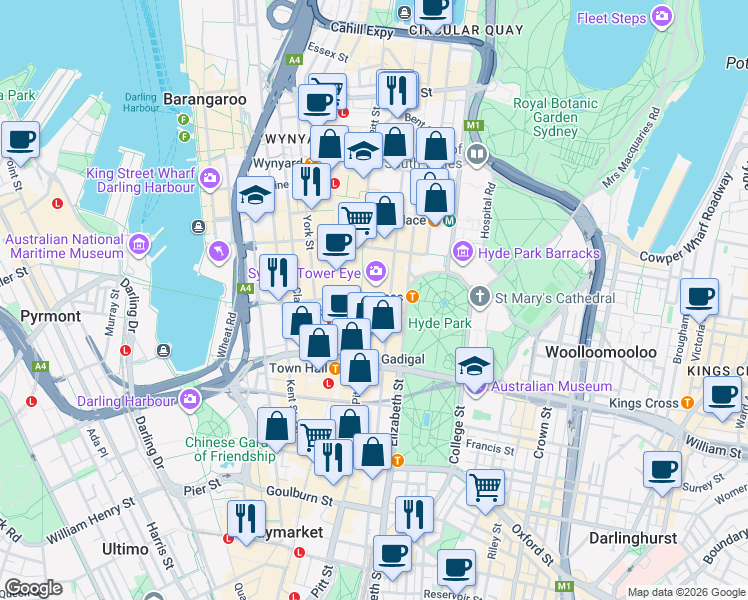 map of restaurants, bars, coffee shops, grocery stores, and more near 133 Castlereagh Street in Sydney