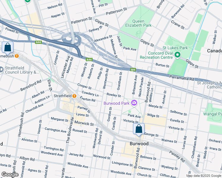 map of restaurants, bars, coffee shops, grocery stores, and more near 32 White Street in Burwood