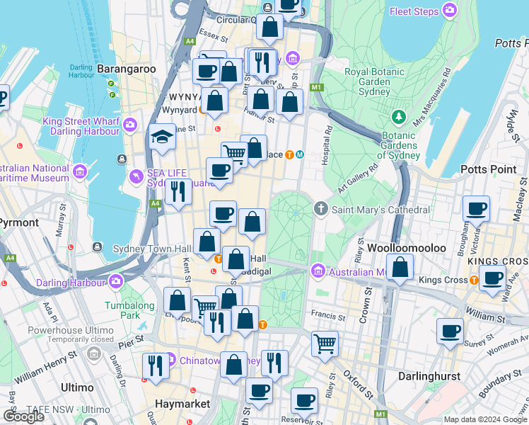 map of restaurants, bars, coffee shops, grocery stores, and more near 135-137C Elizabeth Street in Sydney