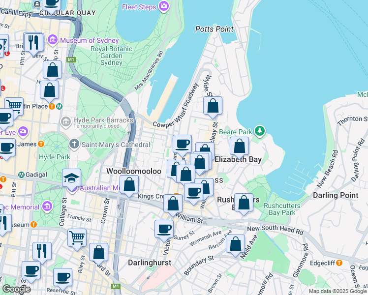 map of restaurants, bars, coffee shops, grocery stores, and more near 105 Victoria Street in Potts Point