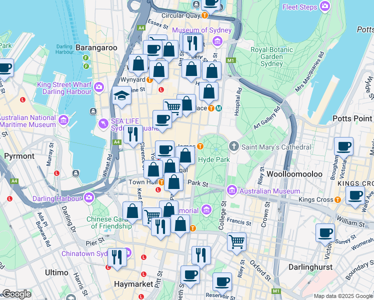 map of restaurants, bars, coffee shops, grocery stores, and more near 111 Castlereagh Street in Sydney