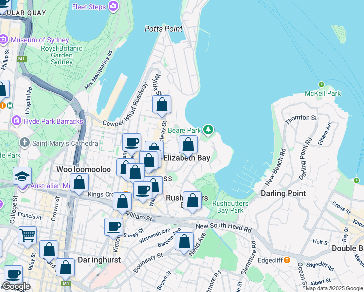 map of restaurants, bars, coffee shops, grocery stores, and more near 16 Onslow Avenue in Elizabeth Bay