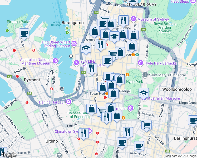 map of restaurants, bars, coffee shops, grocery stores, and more near 202 Clarence Street in Sydney