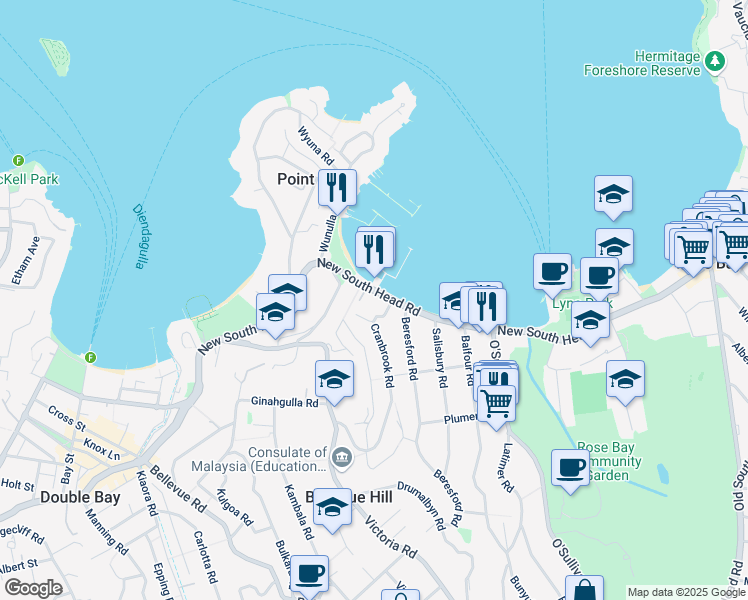 map of restaurants, bars, coffee shops, grocery stores, and more near 595 New South Head Road in Rose Bay