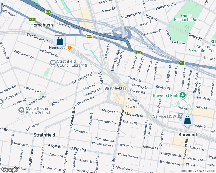 map of restaurants, bars, coffee shops, grocery stores, and more near 40 Albert Road in Strathfield