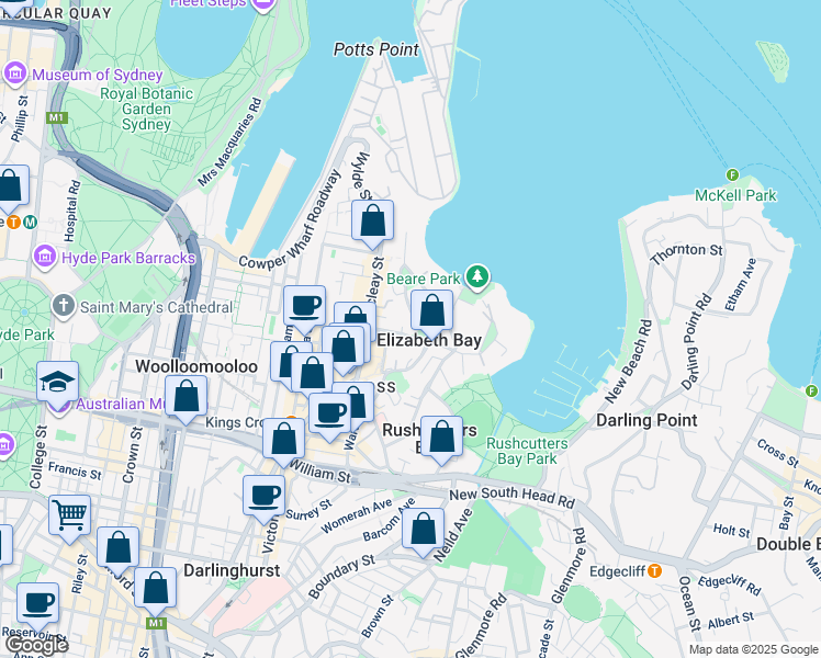 map of restaurants, bars, coffee shops, grocery stores, and more near 8 Greenknowe Avenue in Elizabeth Bay