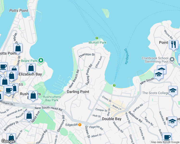 map of restaurants, bars, coffee shops, grocery stores, and more near 105A Darling Point Road in Darling Point