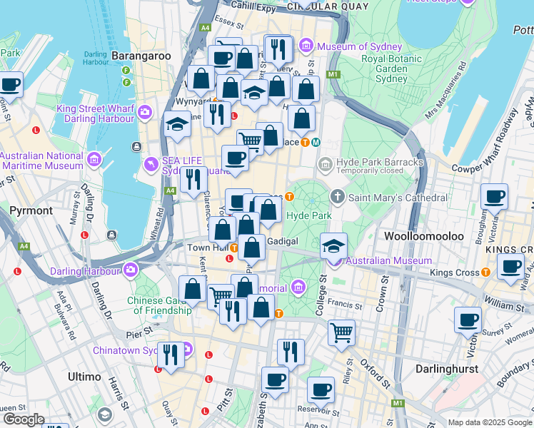 map of restaurants, bars, coffee shops, grocery stores, and more near 133 Castlereagh Street in Sydney