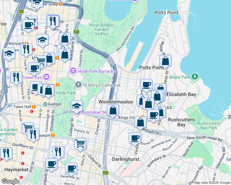 map of restaurants, bars, coffee shops, grocery stores, and more near 101 Bourke Street in Woolloomooloo