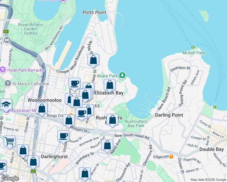 map of restaurants, bars, coffee shops, grocery stores, and more near 27 Ithaca Road in Elizabeth Bay