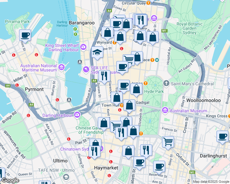 map of restaurants, bars, coffee shops, grocery stores, and more near 125 York Street in Sydney