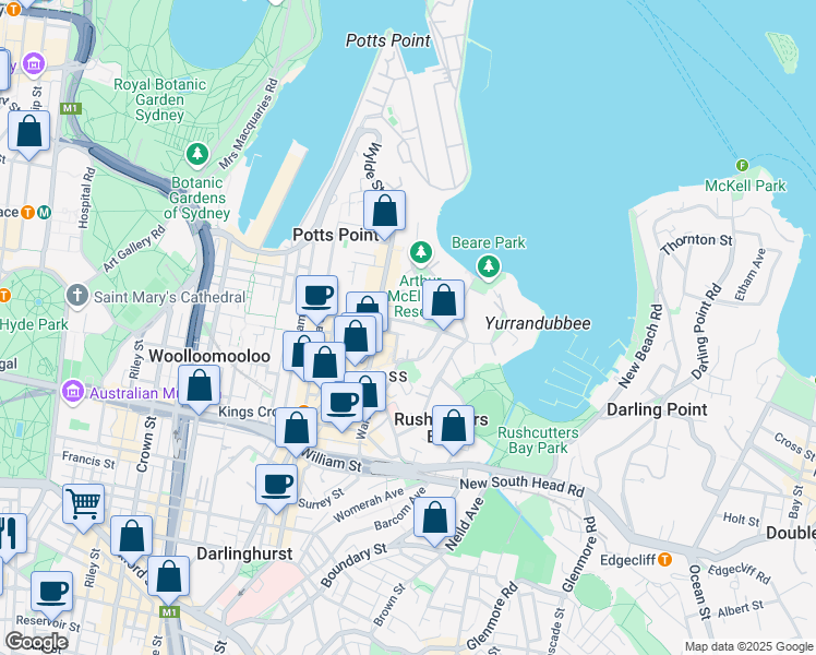 map of restaurants, bars, coffee shops, grocery stores, and more near 11-13 Greenknowe Avenue in Elizabeth Bay