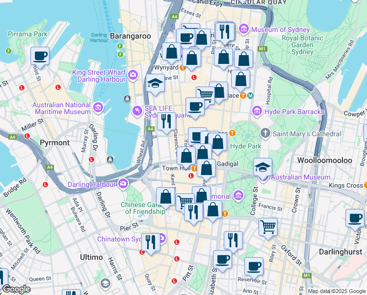 map of restaurants, bars, coffee shops, grocery stores, and more near 125 York Street in Sydney