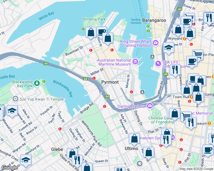 map of restaurants, bars, coffee shops, grocery stores, and more near Pyrmont Bridge Road in Pyrmont