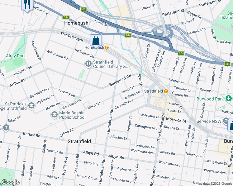 map of restaurants, bars, coffee shops, grocery stores, and more near 48 Homebush Road in Strathfield
