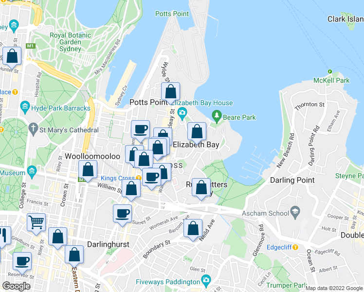 map of restaurants, bars, coffee shops, grocery stores, and more near 11-13 Greenknowe Avenue in Elizabeth Bay