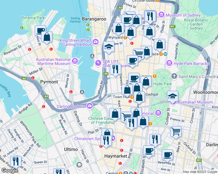 map of restaurants, bars, coffee shops, grocery stores, and more near 201 Sussex Street in Sydney