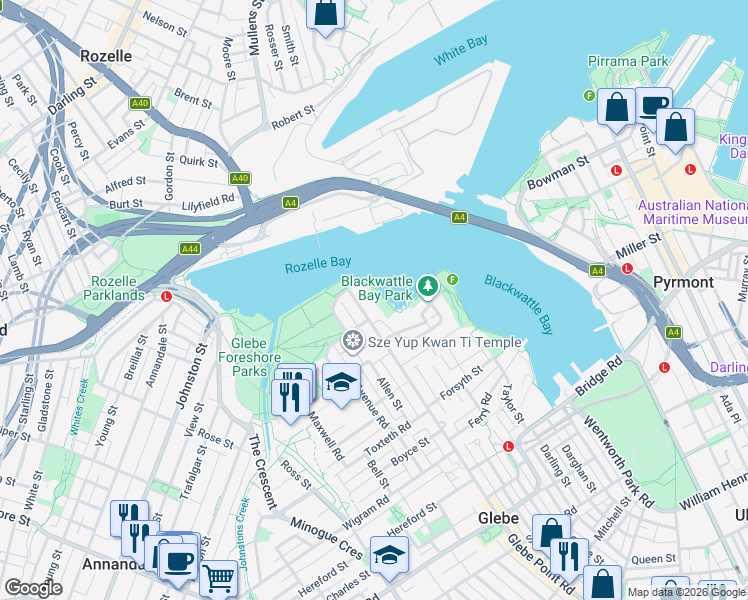 map of restaurants, bars, coffee shops, grocery stores, and more near 501 Glebe Point Road in Glebe