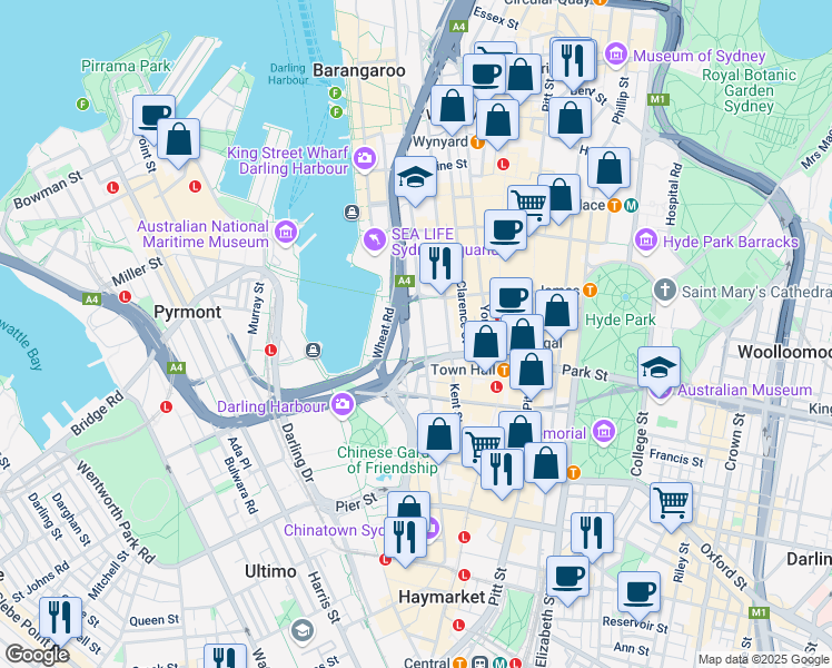 map of restaurants, bars, coffee shops, grocery stores, and more near 201 Sussex Street in Sydney