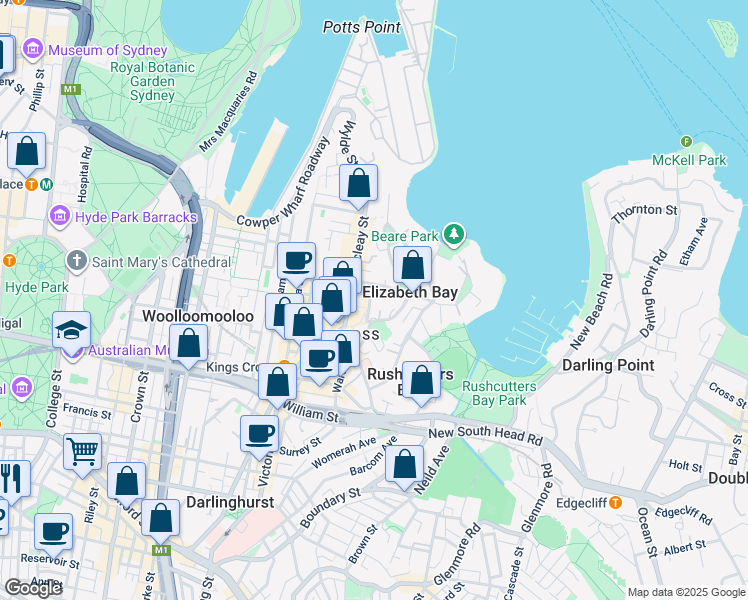 map of restaurants, bars, coffee shops, grocery stores, and more near 2A Elizabeth Bay Road in Elizabeth Bay