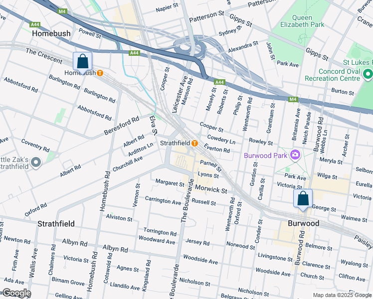 map of restaurants, bars, coffee shops, grocery stores, and more near 2 Albert Road in Strathfield