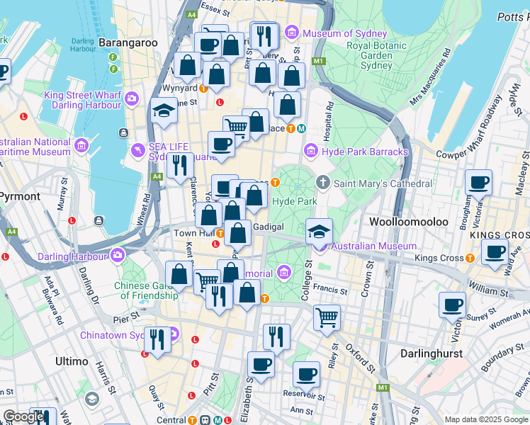 map of restaurants, bars, coffee shops, grocery stores, and more near 175 Castlereagh Street in Sydney