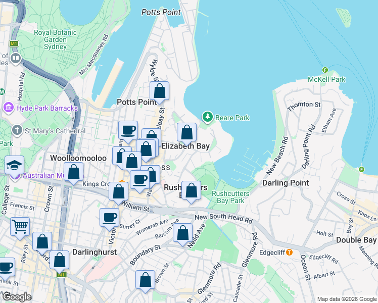 map of restaurants, bars, coffee shops, grocery stores, and more near 49 Elizabeth Bay Road in Elizabeth Bay