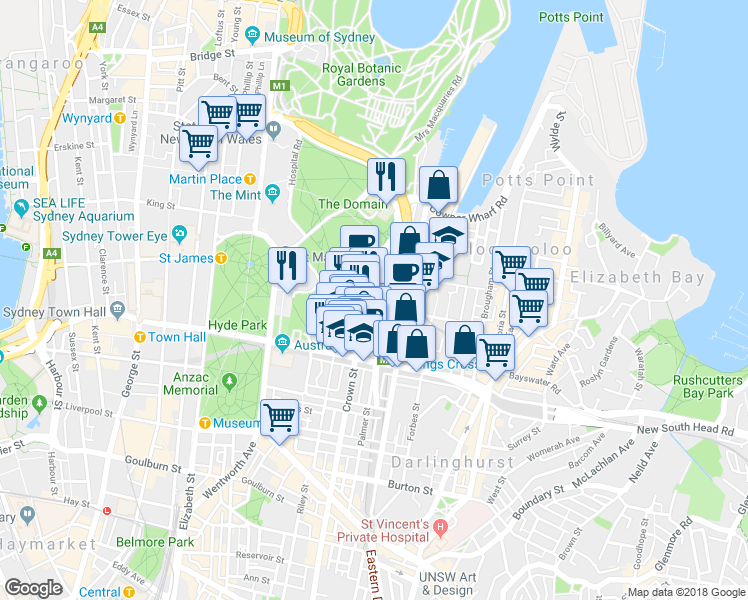 map of restaurants, bars, coffee shops, grocery stores, and more near 114 Cathedral Street in Woolloomooloo