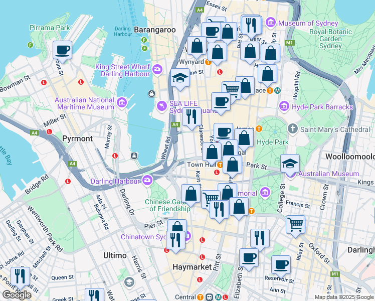 map of restaurants, bars, coffee shops, grocery stores, and more near 234 Sussex Street in Sydney