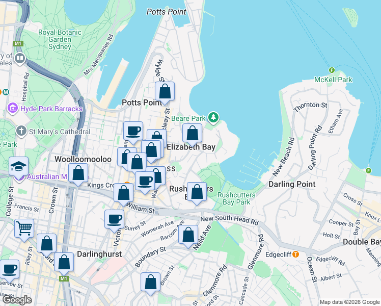 map of restaurants, bars, coffee shops, grocery stores, and more near 39A Elizabeth Bay Road in Elizabeth Bay