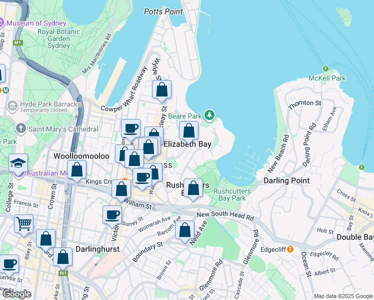 map of restaurants, bars, coffee shops, grocery stores, and more near 39A Elizabeth Bay Road in Elizabeth Bay