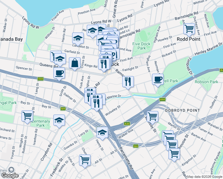 map of restaurants, bars, coffee shops, grocery stores, and more near 28 Harrabrook Avenue in Five Dock