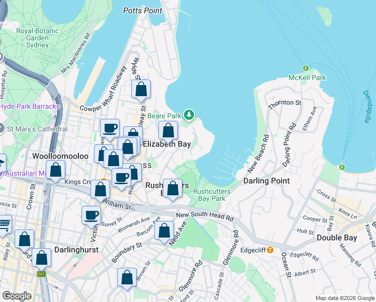 map of restaurants, bars, coffee shops, grocery stores, and more near 63 Elizabeth Bay Road in Elizabeth Bay