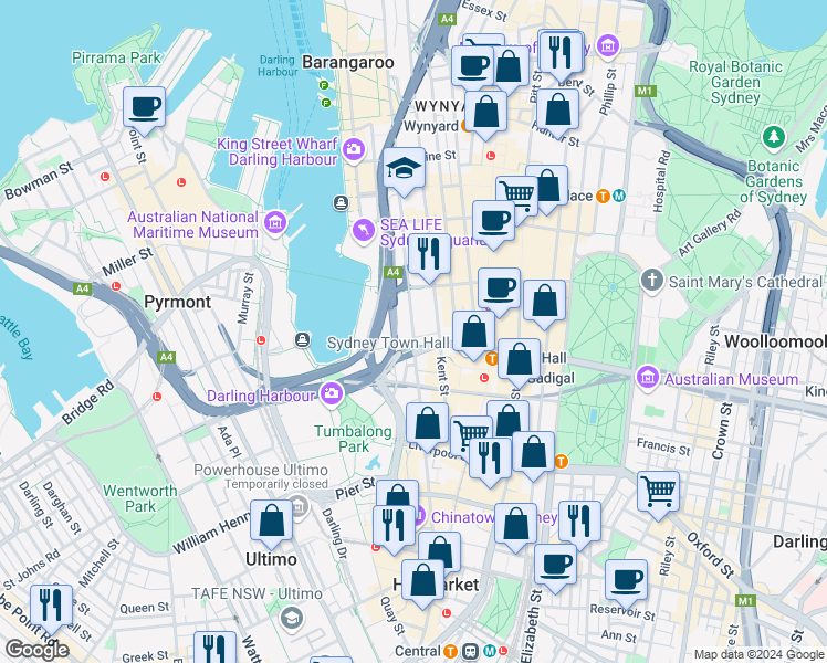 map of restaurants, bars, coffee shops, grocery stores, and more near 234 Sussex Street in Sydney