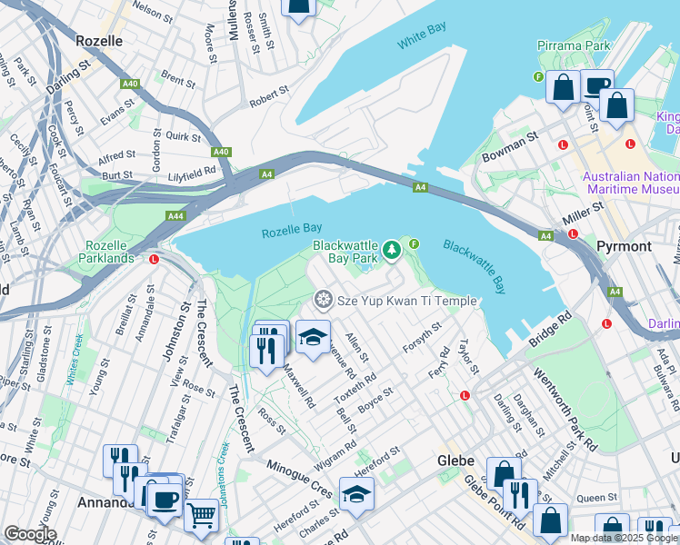 map of restaurants, bars, coffee shops, grocery stores, and more near 451 Glebe Point Road in Glebe