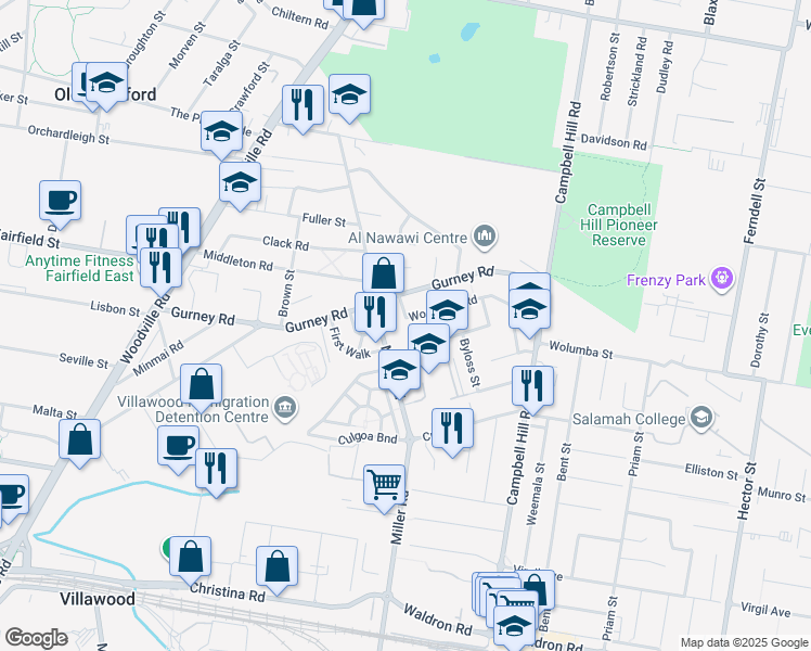 map of restaurants, bars, coffee shops, grocery stores, and more near 14 Woodland Road in Chester Hill