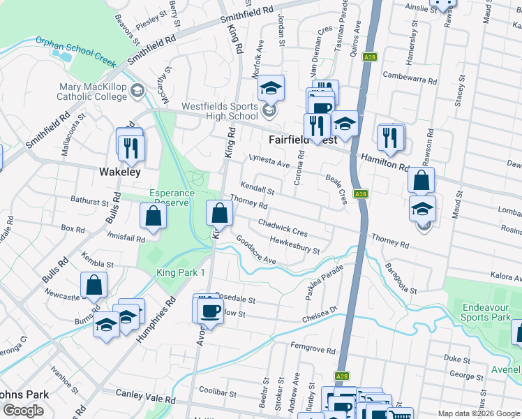 map of restaurants, bars, coffee shops, grocery stores, and more near 122 Thorney Road in Fairfield West