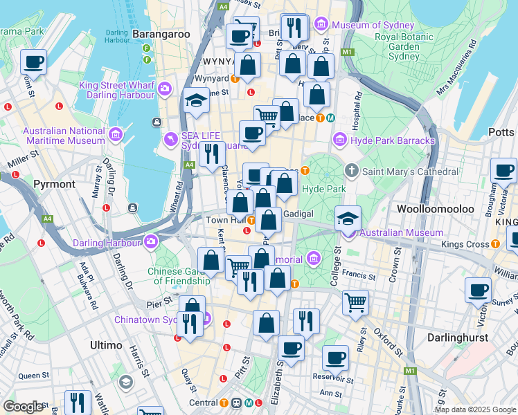 map of restaurants, bars, coffee shops, grocery stores, and more near 2 Park Street in Sydney