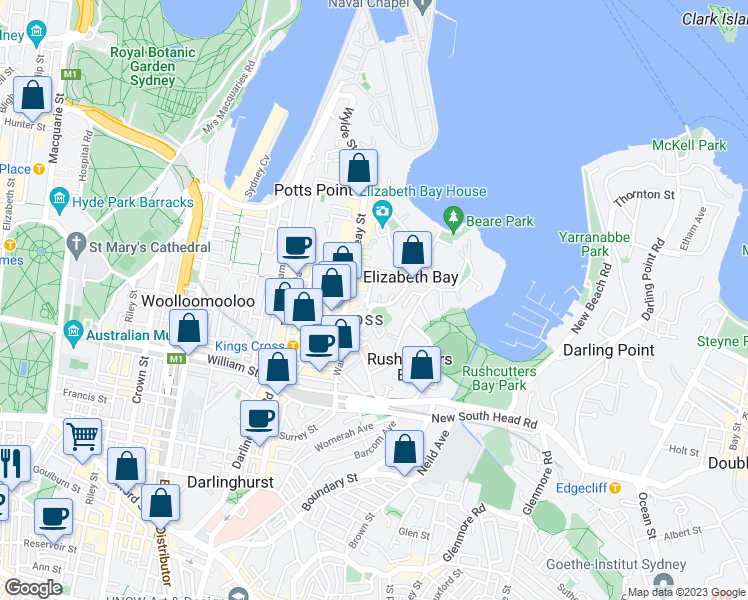 map of restaurants, bars, coffee shops, grocery stores, and more near 2 Elizabeth Bay Road in Elizabeth Bay