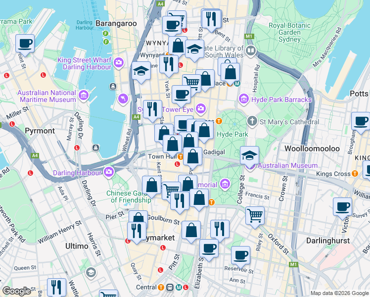 map of restaurants, bars, coffee shops, grocery stores, and more near 175 Pitt Street in Sydney